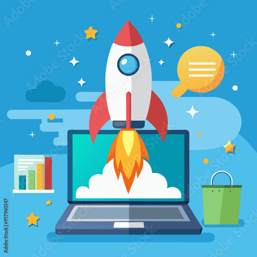 Rocket launch from laptop on office table to fly up in air. Business startup new idea project development, internet marketing strategy growth, future product progress on a website, speed power boost S