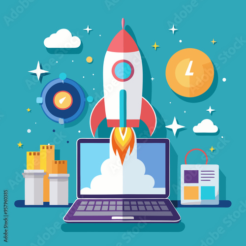 Rocket launch from laptop on office table to fly up in air. Business startup new idea project development, internet marketing strategy growth, future product progress on a website, speed power boost S