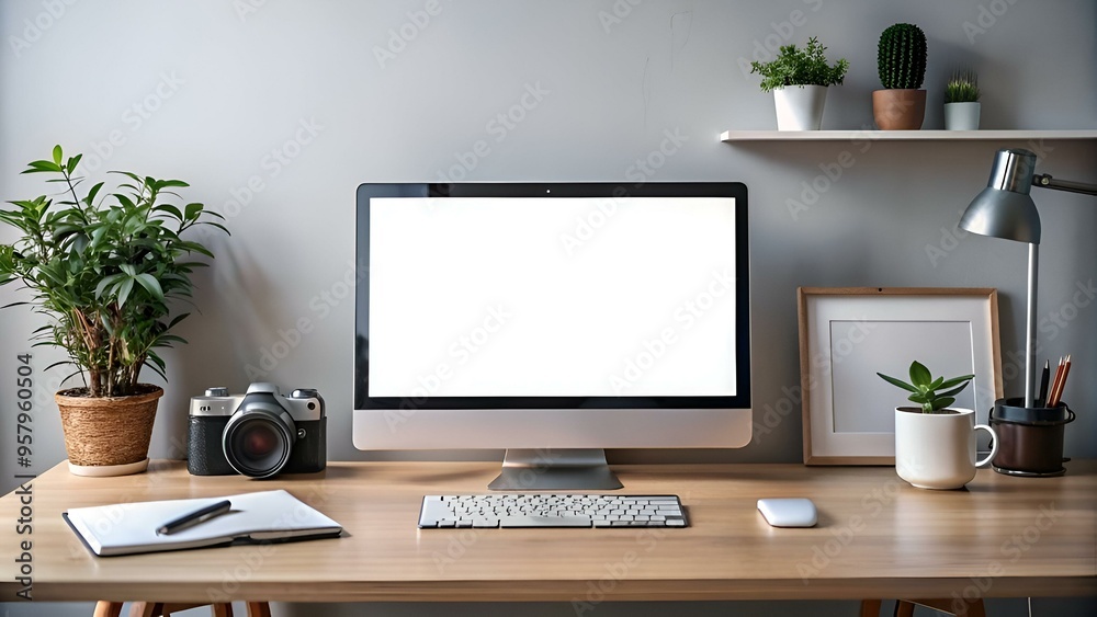 Clean and modern workspace with a computer mockup. featuring a blank screen for your designs. Clean and modern workspace with a computer mockup. featuring a blank screen for your designs.