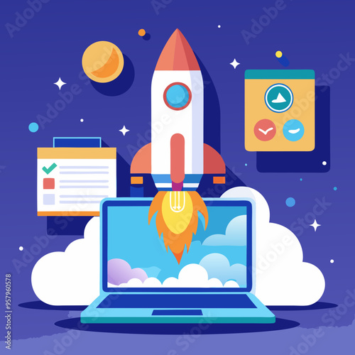 Rocket launch from laptop on office table to fly up in air. Business startup new idea project development, internet marketing strategy growth, future product progress on a website, speed power boost S