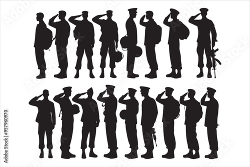 Veterans Army Saluting Vector Silhouettes Bundle, Soldier silhouettes collection for Veterans Day