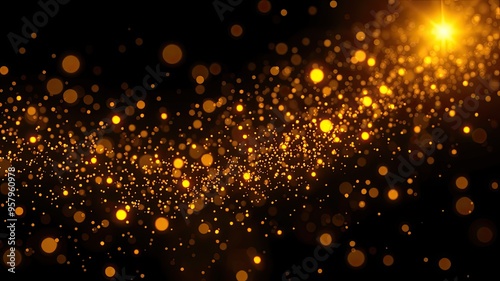 Gold particles on black isolated background, background with bokeh, Golden particles images,