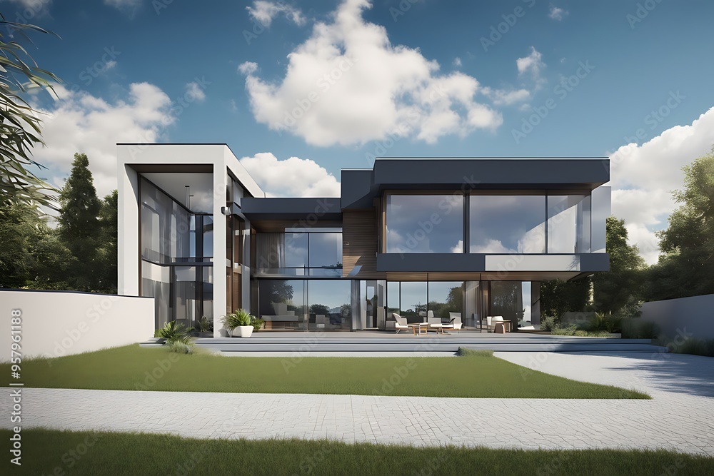 Modern private house with blue sky, House design, real estate property architecture concept Modern private house with blue sky, House design, real estate property architecture concept