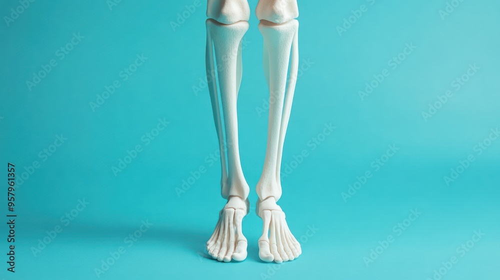 A close-up shot of a human skeleton's lower legs and feet isolated on a blue background.