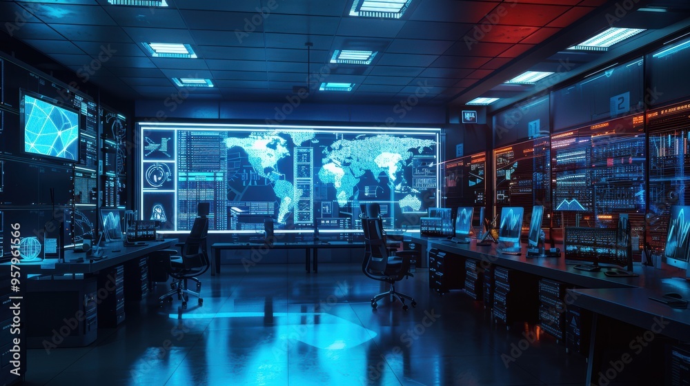 Cutting Edge Futuristic Digital Control Room with Holographic Interface and Data Analytics Cutting Edge Futuristic Digital Control Room with Holographic Interface and Data Analytics