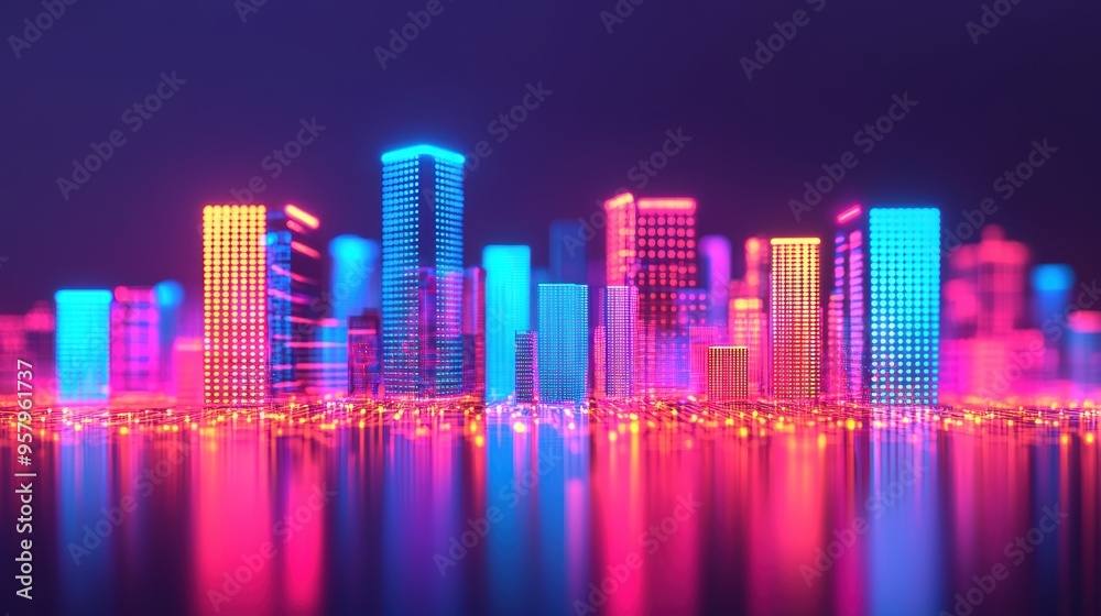 Futuristic Holographic Skyscrapers in Business District - Digital Investment Concepts and Urban Development Futuristic Holographic Skyscrapers in Business District - Digital Investment Concepts and Urban Development