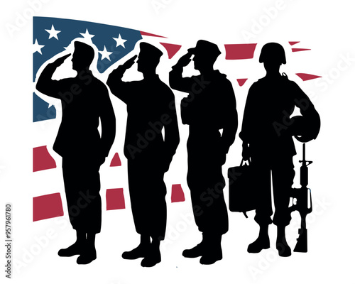 Veterans Army Saluting Vector Silhouettes Bundle, Soldier silhouettes collection for Veterans Day