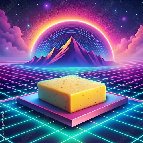 A vibrant 3D illustration of a Khandvi. a popular Gujarati snack. set against a retro futuristic background with a neon grid. mountains. and a glowing moon. photo