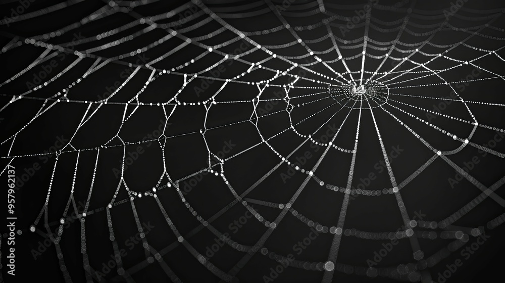 Obraz premium Dew-Covered Spider Web with a Circular Center