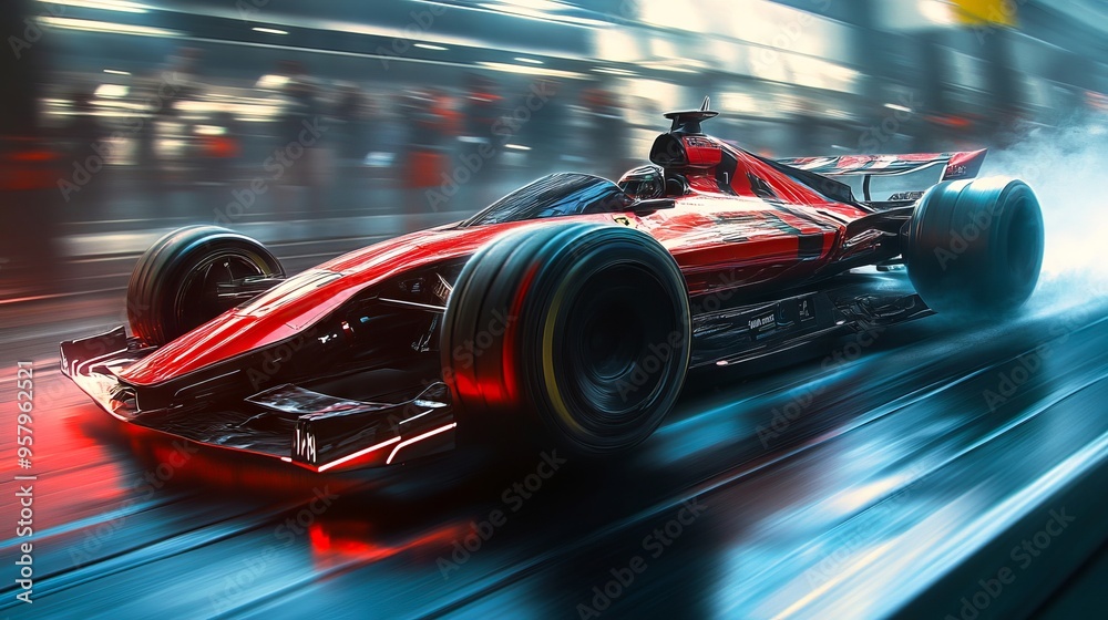 A red race car driving on a track with smoke coming out of it A red race car driving on a track with smoke coming out of it