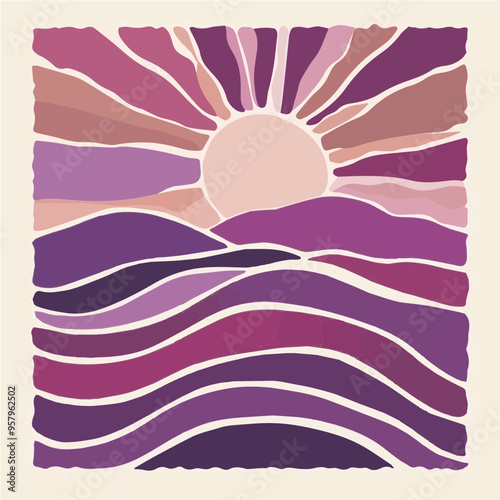 Stylized vector sunset with rays spreading over hills, blending colors for a warm and inviting look. Suitable for nature and wellness designs.