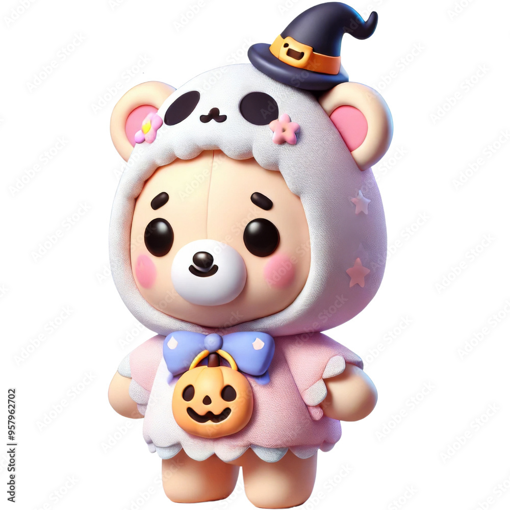 Cute cartoon bear dressed in a ghost costume with a witch hat, holding a jack-o'-lantern bucket. Cute cartoon bear dressed in a ghost costume with a witch hat, holding a jack-o'-lantern bucket.