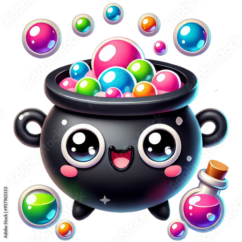 Cute cauldron character overflowing with colorful bubbles, 3D Halloween sticker isolated on transparent background. photo