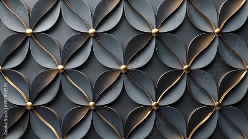 Abstract Geometric Pattern with Black and Gold Floral Motifs