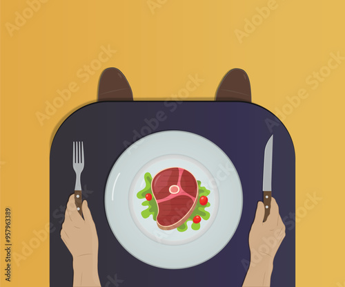 Breakfast, lunch, dinner, beefsteak, restaurant, salad, cherry tomatoes, person at the table, dark table, orange background.