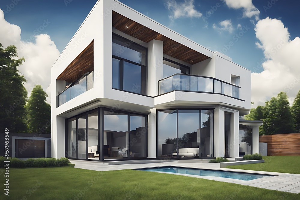 Modern private house with blue sky, House design, real estate property architecture concept