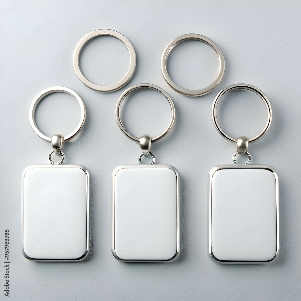Fototapeta premium Three blank white keychains with silver rings. perfect for branding. advertising. or personalized gifts.