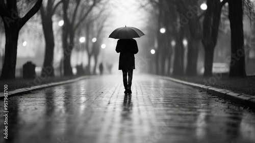 A person walking down a wet street holding an umbrella