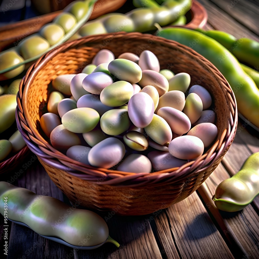 A 3D illustration of a basket overflowing with plump broad beans. showcasing their vibrant colors and textures. A 3D illustration of a basket overflowing with plump broad beans. showcasing their vibrant colors and textures.
