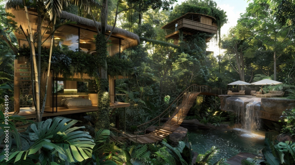 Lush Tropical Retreat with Cascading Waterfall and Serene Pool in Jungle Oasis Lush Tropical Retreat with Cascading Waterfall and Serene Pool in Jungle Oasis