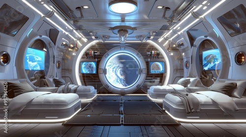 Futuristic Interior Design of Spacecraft Cabin for Space and Luxury Space Travel