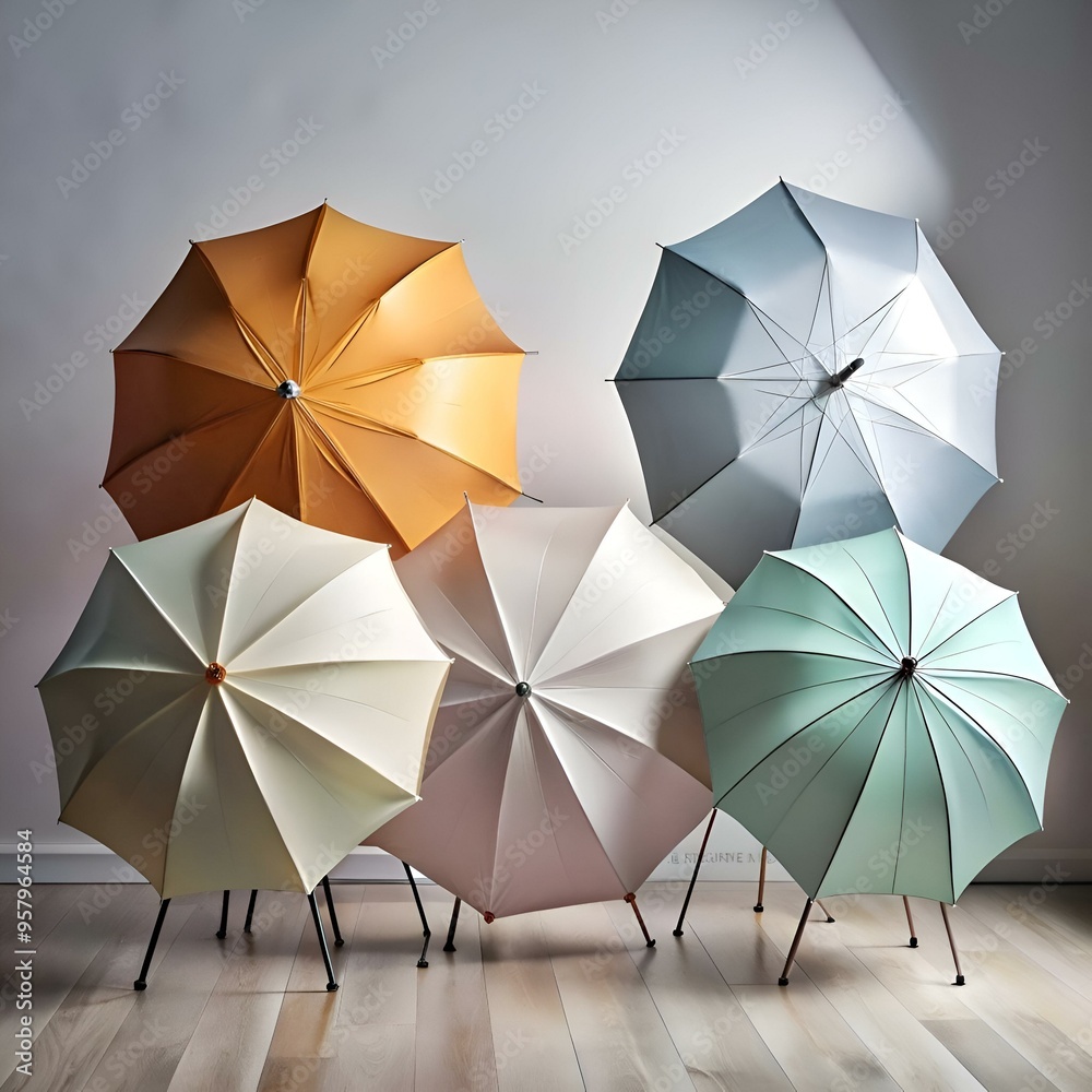 A colorful collection of five closed umbrellas. arranged in a semi circle on a wooden floor. A colorful collection of five closed umbrellas. arranged in a semi circle on a wooden floor.