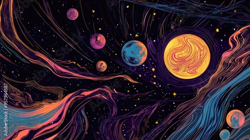 Line art illustration depicting Earth and stars from a cosmic perspective An abstract multicolor background featuring planets in a distant solar system with a glossy explosion star and dynamic lin photo