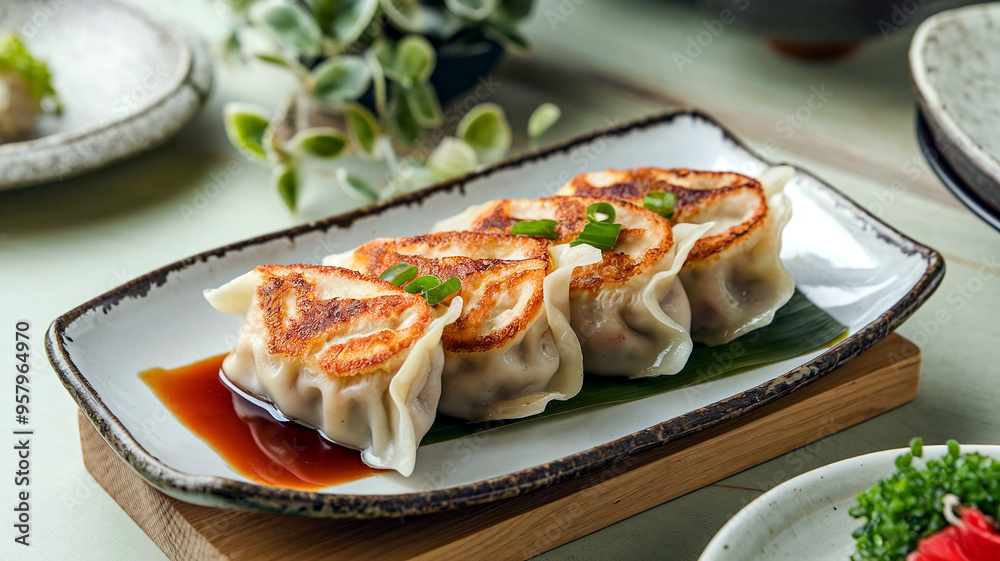 A plate of steaming gyoza dumplings with crispy edges, served with soy sauce on a table in a serene Japanese restaurant setting with soft natural light. A plate of steaming gyoza dumplings with crispy edges, served with soy sauce on a table in a serene Japanese restaurant setting with soft natural light.