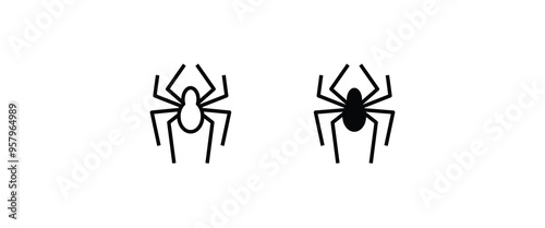 Spider Black Widow. Black bug spider silhouette, isolated white background. Scary Halloween icon, symbol horror, animal arachnid, creepy dangerous insect, arachnophobia fear.