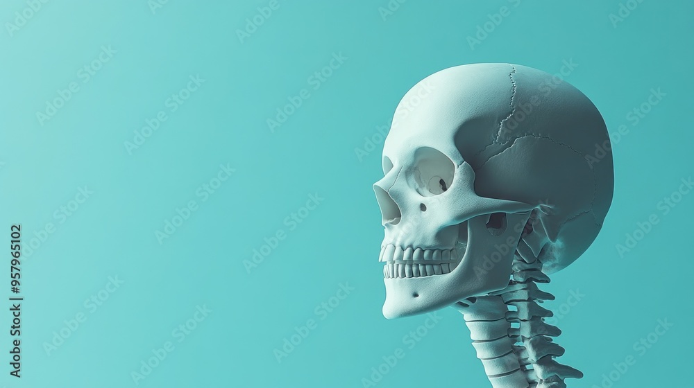 A white human skull with a spine is seen in profile against a blue background. A white human skull with a spine is seen in profile against a blue background.