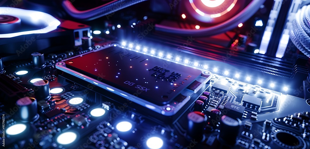 Close-up of RGB SSD with white lights, high-tech gaming room