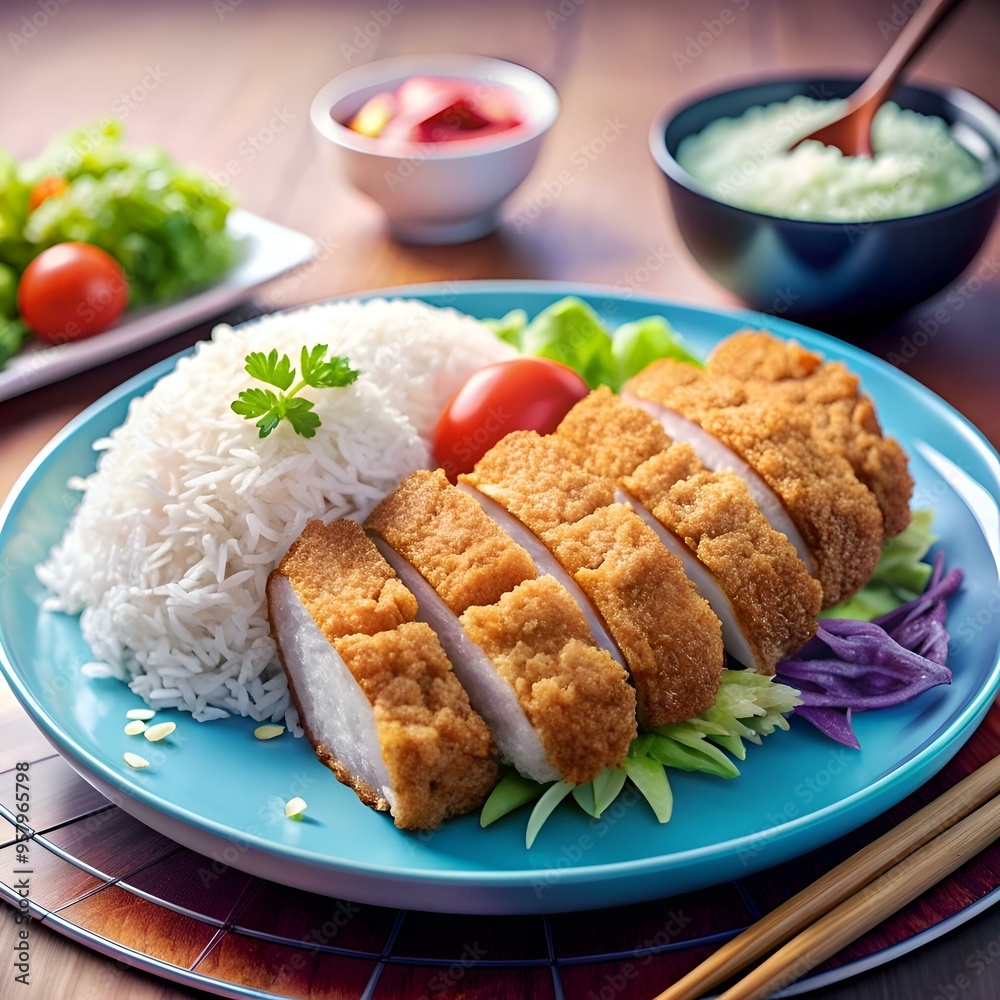 A mouthwatering 3D illustration of a tonkatsu dish. featuring crispy breaded pork cutlets served with fluffy white rice. fresh vegetables. and a side of green tea. A mouthwatering 3D illustration of a tonkatsu dish. featuring crispy breaded pork cutlets served with fluffy white rice. fresh vegetables. and a side of green tea.