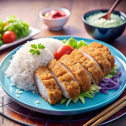 A mouthwatering 3D illustration of a tonkatsu dish. featuring crispy breaded pork cutlets served with fluffy white rice. fresh vegetables. and a side of green tea.