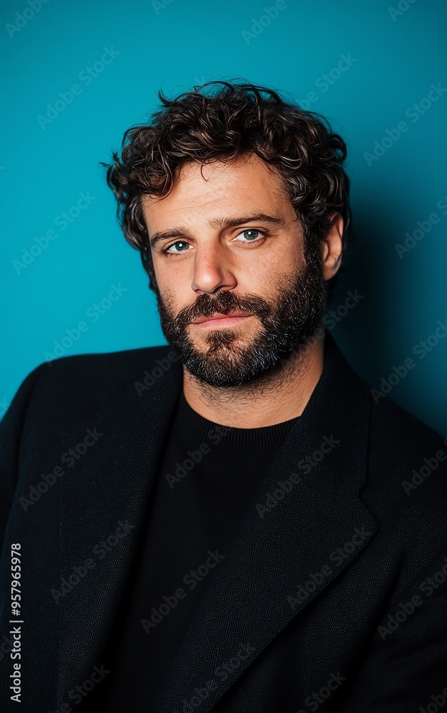 Fototapeta premium A handsome man with a beard and curly hair poses against a blue backdrop. He wears a black shirt and jacket.