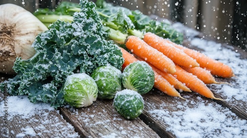 Fresh winter vegetables including kale carrots and brussels sprouts on snow-covered wooden surface with falling snow