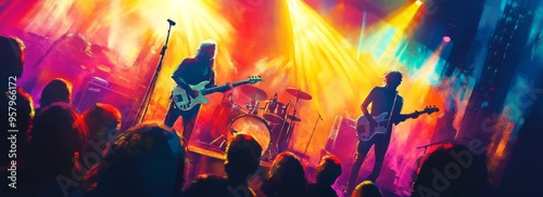 Wallpaper Mural Live Music Performance, High resolution image of a rock band performing on stage, with vibrant stage lights, a cheering crowd, and an electric atmosphere Torontodigital.ca