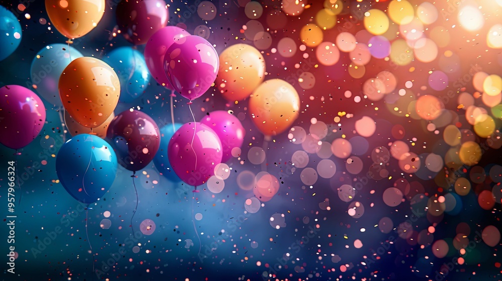 Colorful Balloons with Confetti and Bokeh Lights Colorful Balloons with Confetti and Bokeh Lights