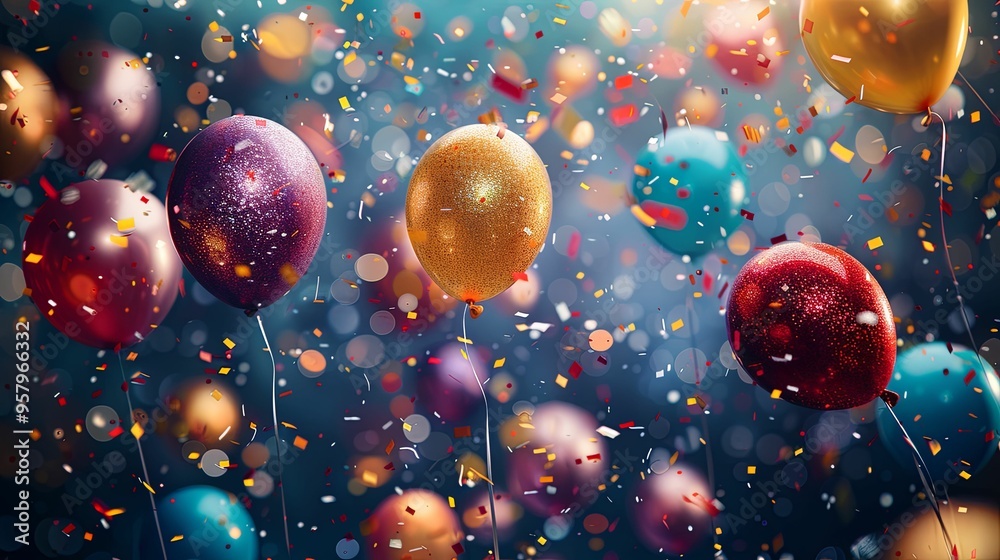 Colorful Balloons and Confetti Falling Against a Blue Background