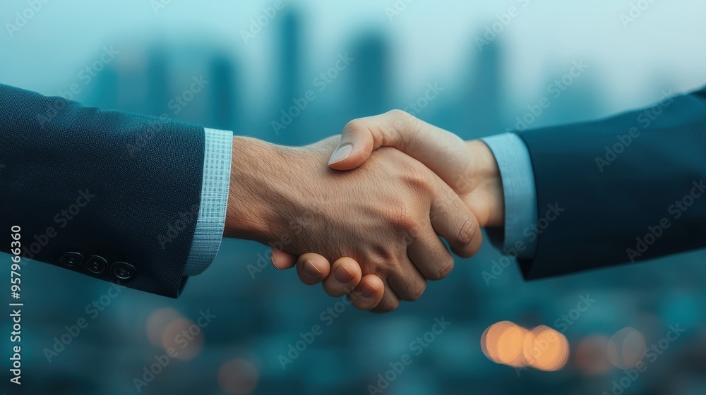 Corporate Agreement in the Urban Jungle - High-Quality Business Handshake with Cityscape Backdrop and Copy Space, Focused Foreground Detail Corporate Agreement in the Urban Jungle - High-Quality Business Handshake with Cityscape Backdrop and Copy Space, Focused Foreground Detail