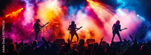 Live Music Performance, High resolution image of a rock band performing on stage, with vibrant stage lights, a cheering crowd, and an electric atmosphere