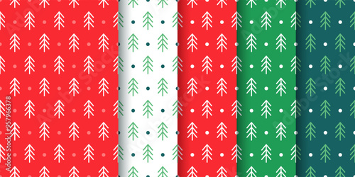 Seamless pattern. Christmas backgrounds with trees. Set of Xmas holiday textures. Scandinavian red green prints. Collection festive wrapping papers. Vector illustration. Geometric winter backdrops.