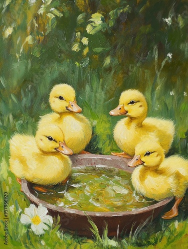 Oil painting depicting ducklings on grass with a water dish showcasing themes of animal care and nature photo