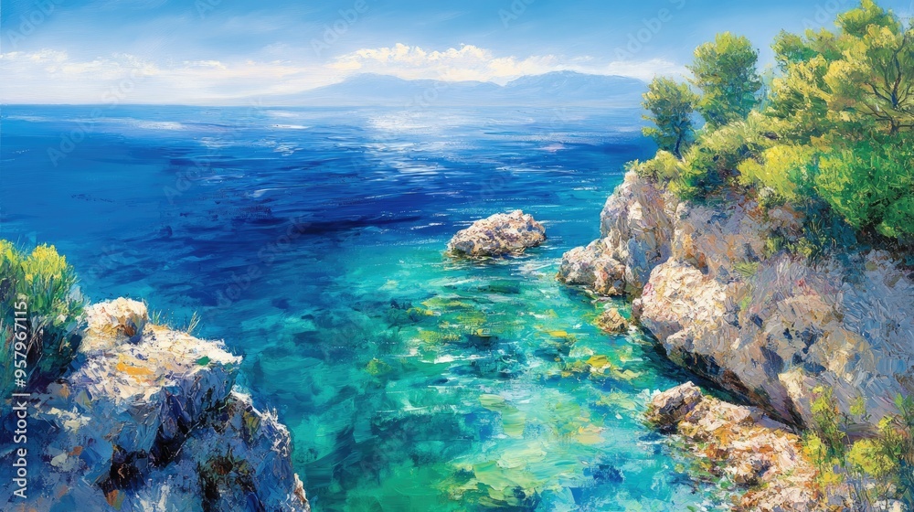 Aerial view of the Mediterranean Sea captured in an oil painting showcasing its vibrant colors and serene waters Aerial view of the Mediterranean Sea captured in an oil painting showcasing its vibrant colors and serene waters
