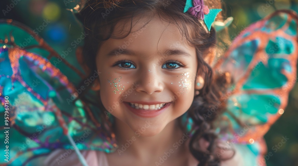 Young girl is happily posing for a portrait wearing a fairy costume with large, colorful wings and glitter on her face Young girl is happily posing for a portrait wearing a fairy costume with large, colorful wings and glitter on her face
