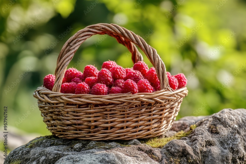 A wicker basket filled with freshly picked red raspberries, placed outdoors on a large rock A wicker basket filled with freshly picked red raspberries, placed outdoors on a large rock
