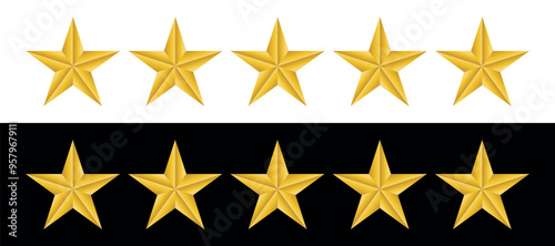 Golden 5-Star Rating vector illustration, Five Stars customer product feedback review concept, 3D Quality shape design