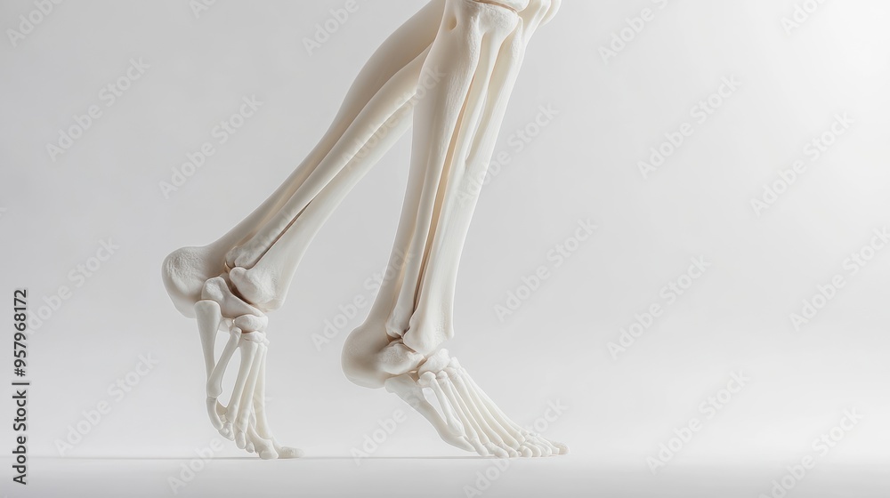 Close-up of a white anatomical model of a human skeleton's lower legs and feet in a walking pose on a white background. Close-up of a white anatomical model of a human skeleton's lower legs and feet in a walking pose on a white background.
