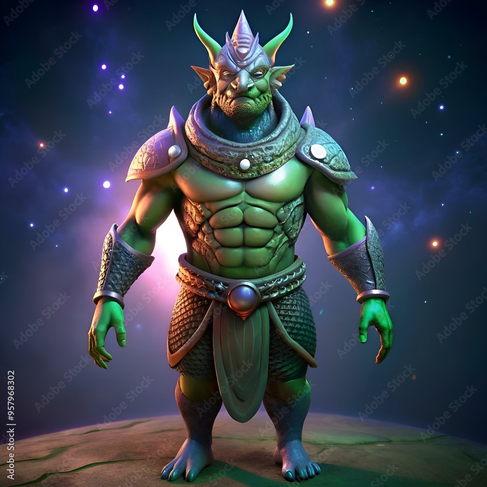 A fearsome 3D illustration of a green skinned. horned warrior. standing against a starry backdrop. A fearsome 3D illustration of a green skinned. horned warrior. standing against a starry backdrop.