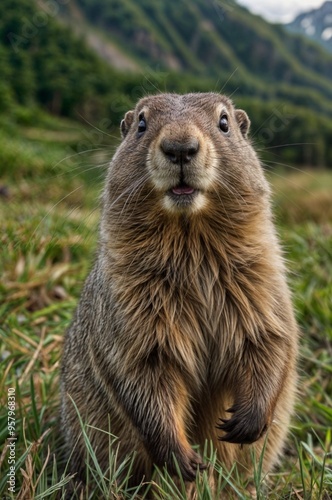 A groundhog stands alert on hind legs in a grassy field with distant trees facing the viewer.