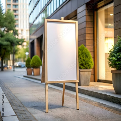 Blank wooden A frame signboard mockup standing outside a store. perfect for showcasing your business promotions. announcements. or creative designs.